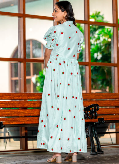 Sky Blue Embroidery Silk Western Dress