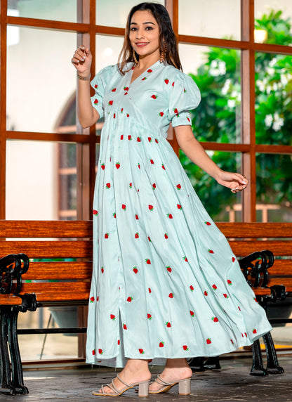 Sky Blue Embroidery Silk Western Dress