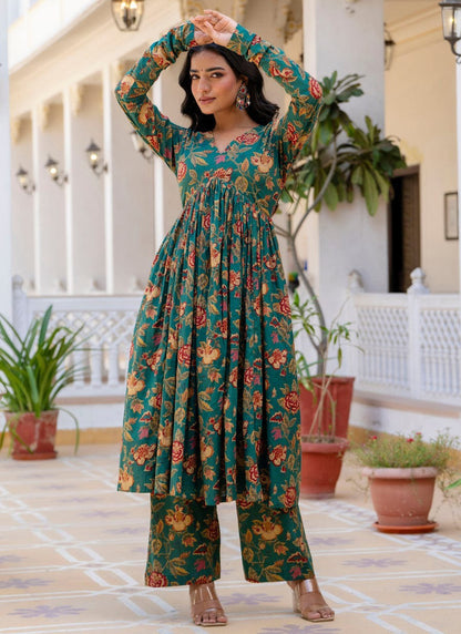 Beautiful Heavy Cotton Anarkali Green Suit