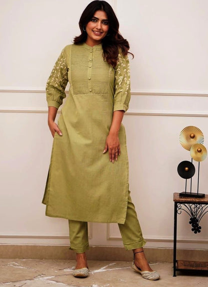 Fancy Parrot Green Cotton Kurti Pant With Embroidery