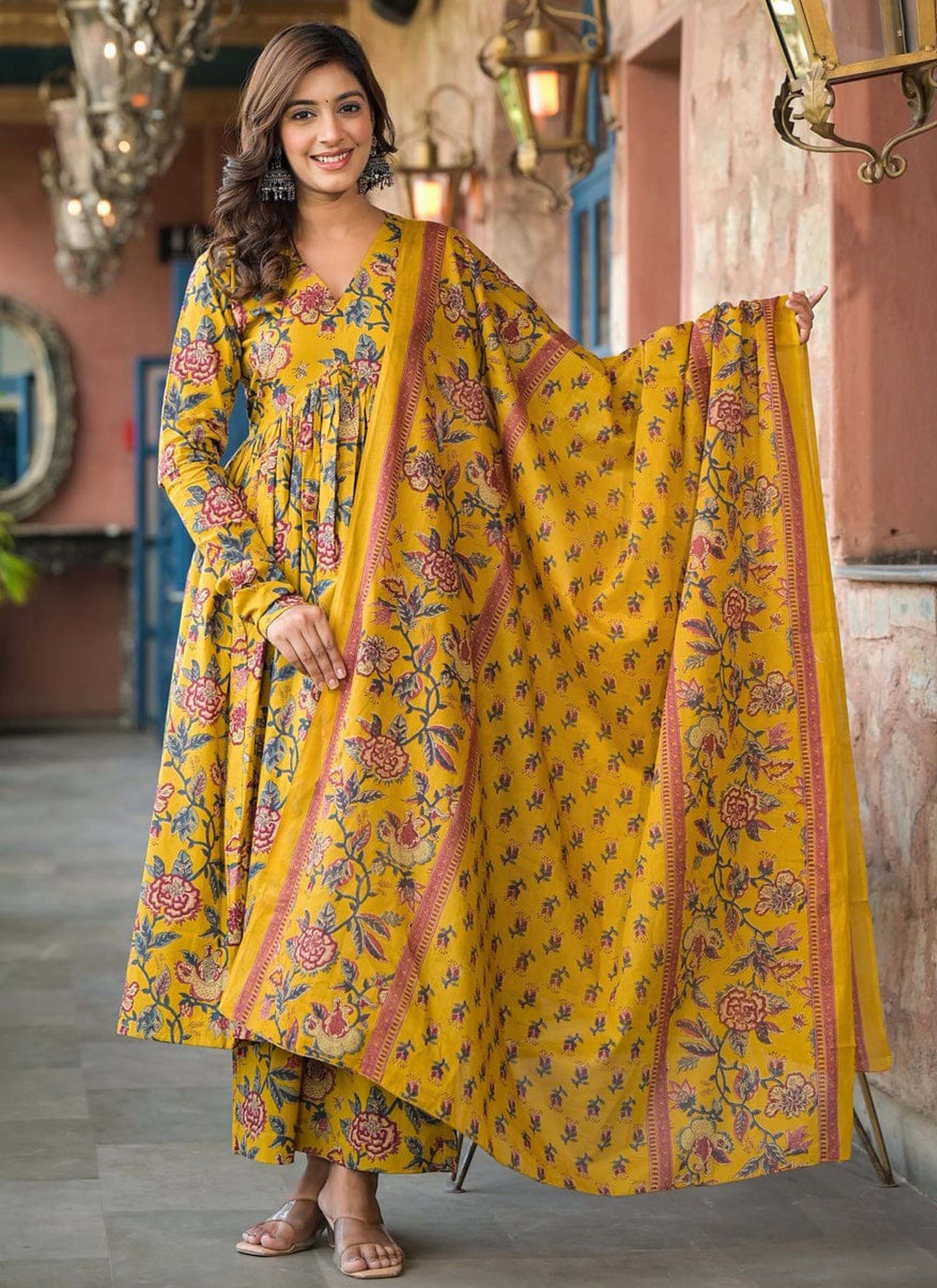 Beautiful Heavy Cotton Anarkali Yellow Suit