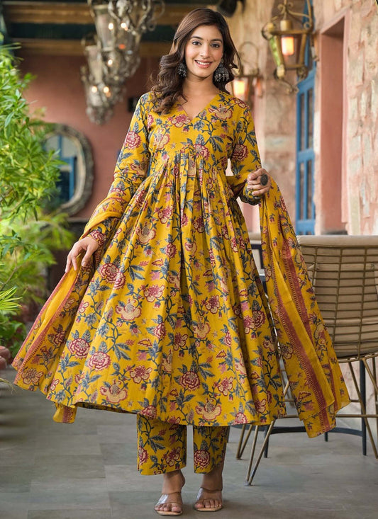 Beautiful Heavy Cotton Anarkali Yellow Suit