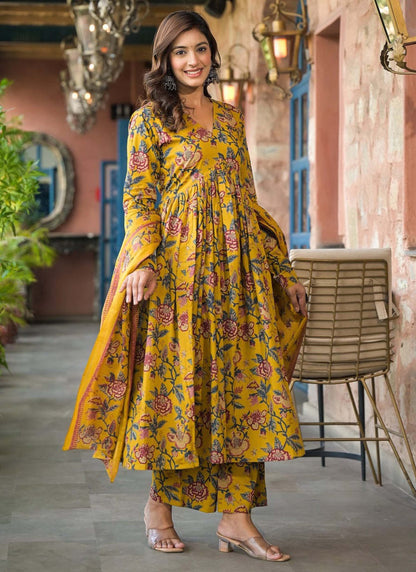 Beautiful Heavy Cotton Anarkali Yellow Suit