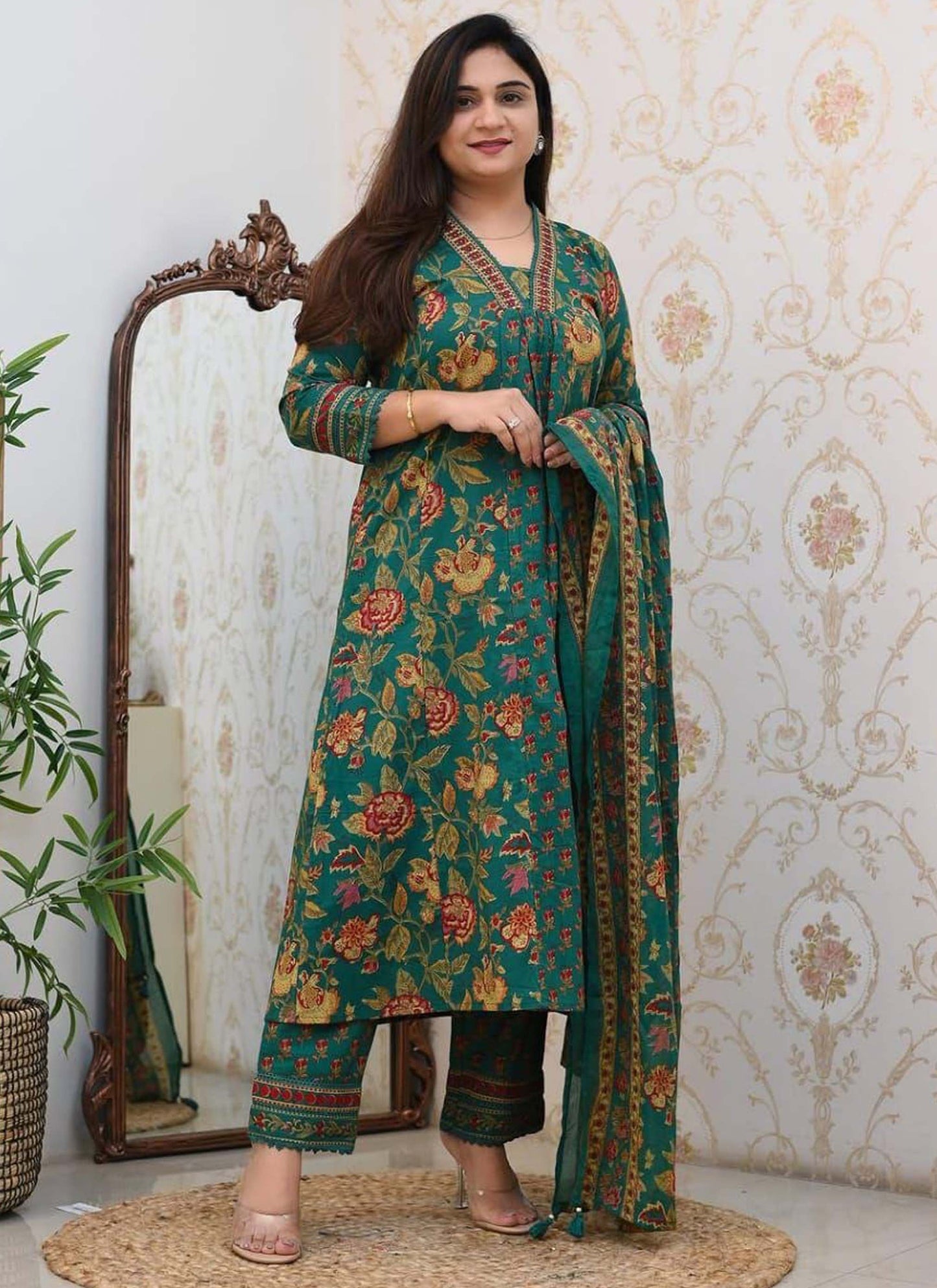 Stylish Heavy Cotton Anarkali Green Suit