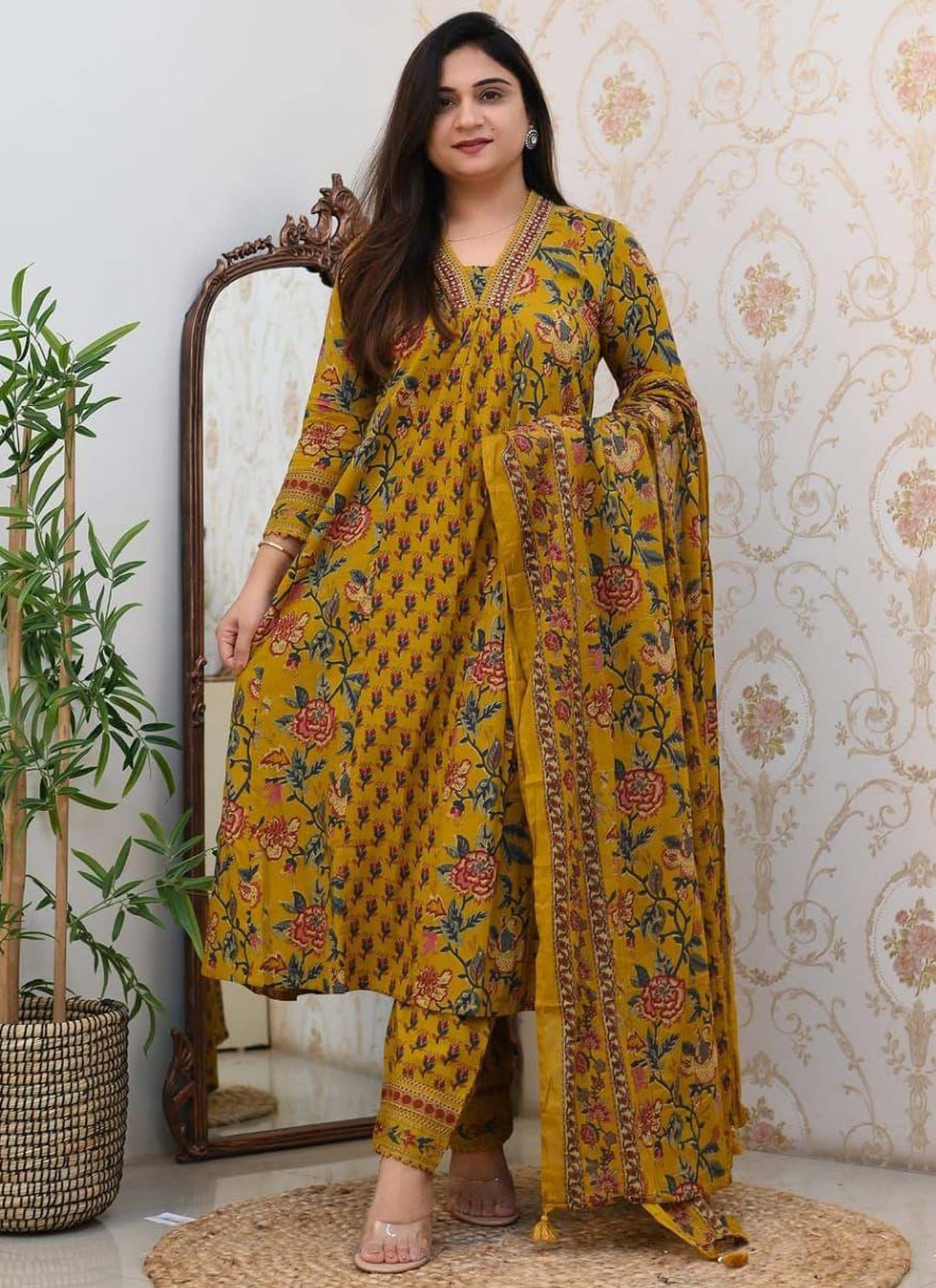 Stylish Heavy Cotton Anarkali Yellow Suit