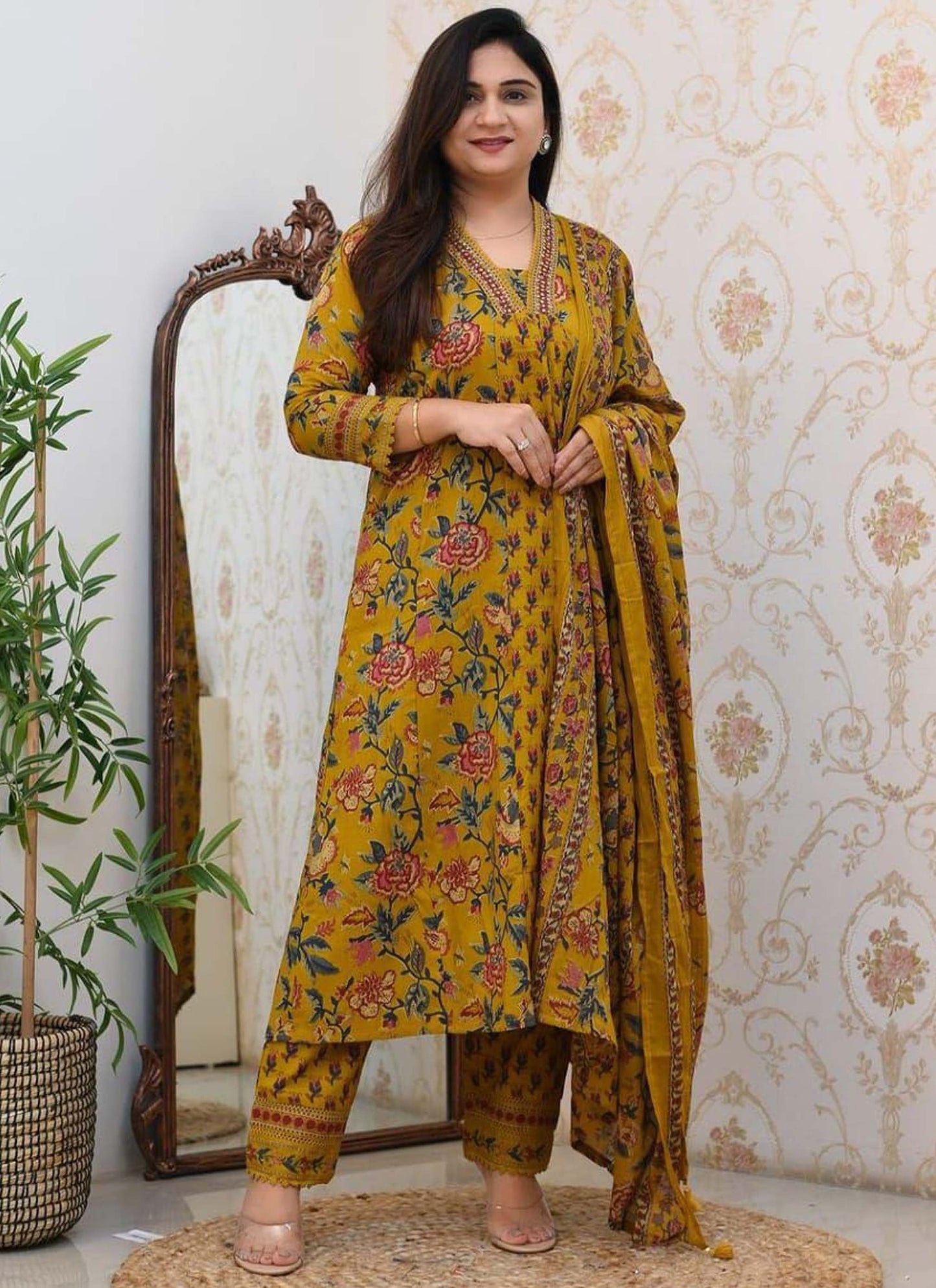 Stylish Heavy Cotton Anarkali Yellow Suit