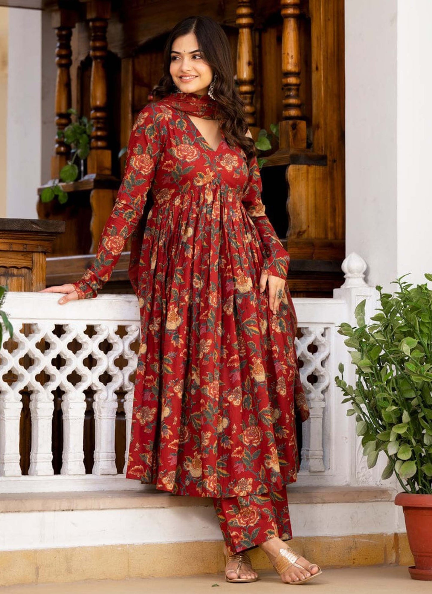 Beautiful Heavy Cotton Anarkali Marron Suit