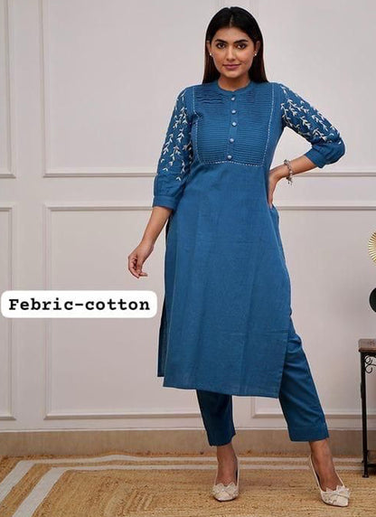 Fancy Teal Blue Cotton Kurti Pant With Embroidery