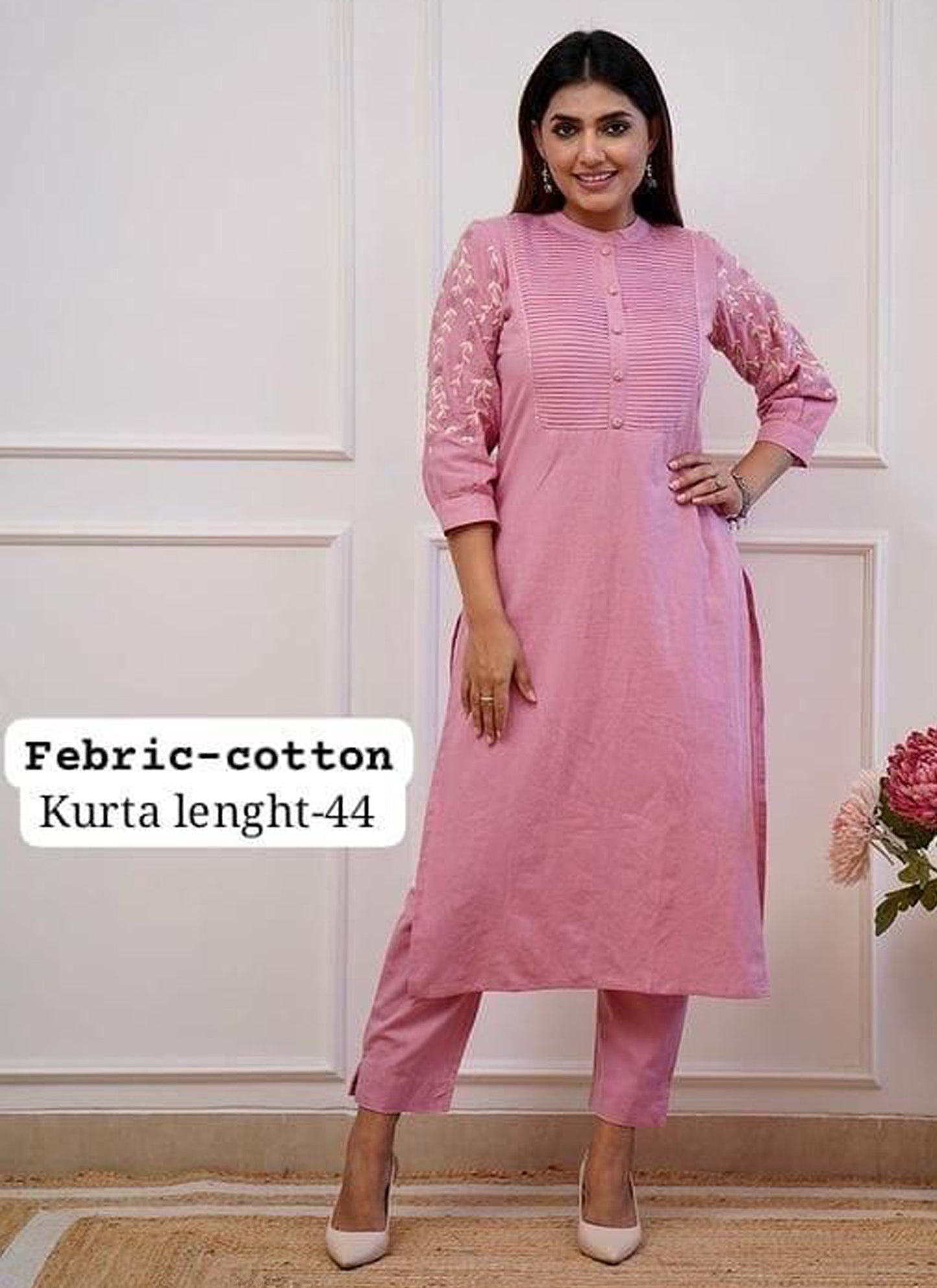 Fancy Baby Pink Cotton Kurti Pant With Embroidery