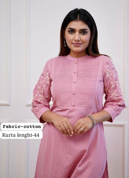 Fancy Baby Pink Cotton Kurti Pant With Embroidery