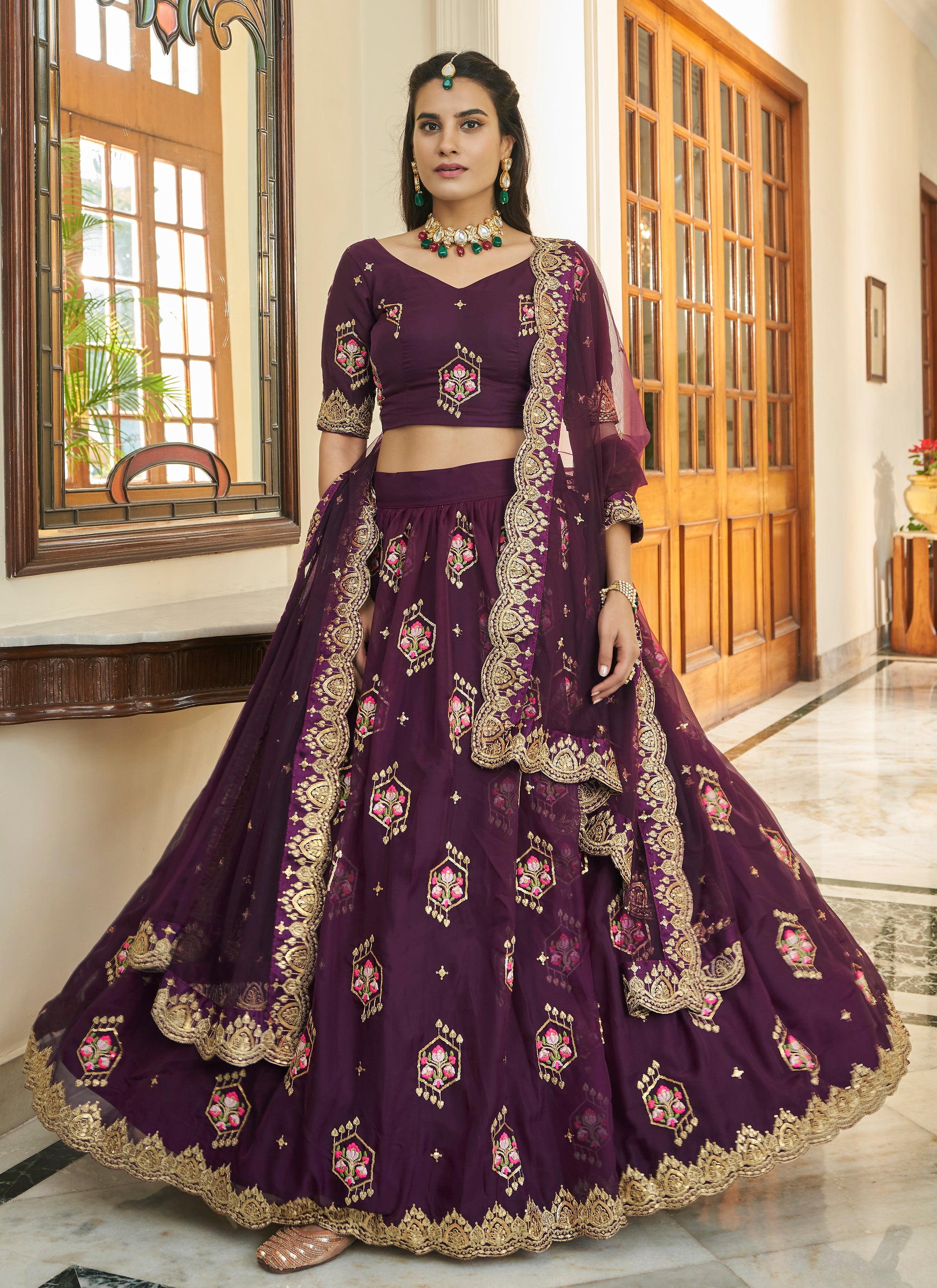 Purple Pearl Embroidered Wedding Lehenga Choli