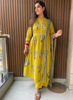 Designer Floral Print Yellow Kurta Pant & Dupatta