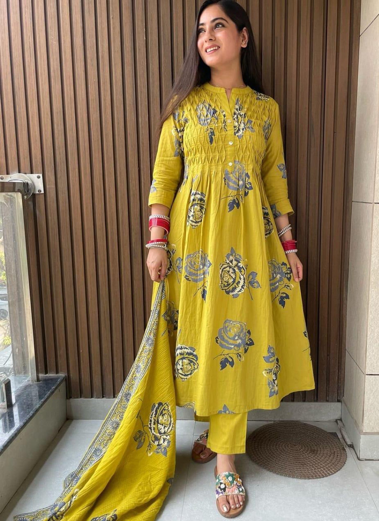 Designer Floral Print Yellow Kurta Pant & Dupatta