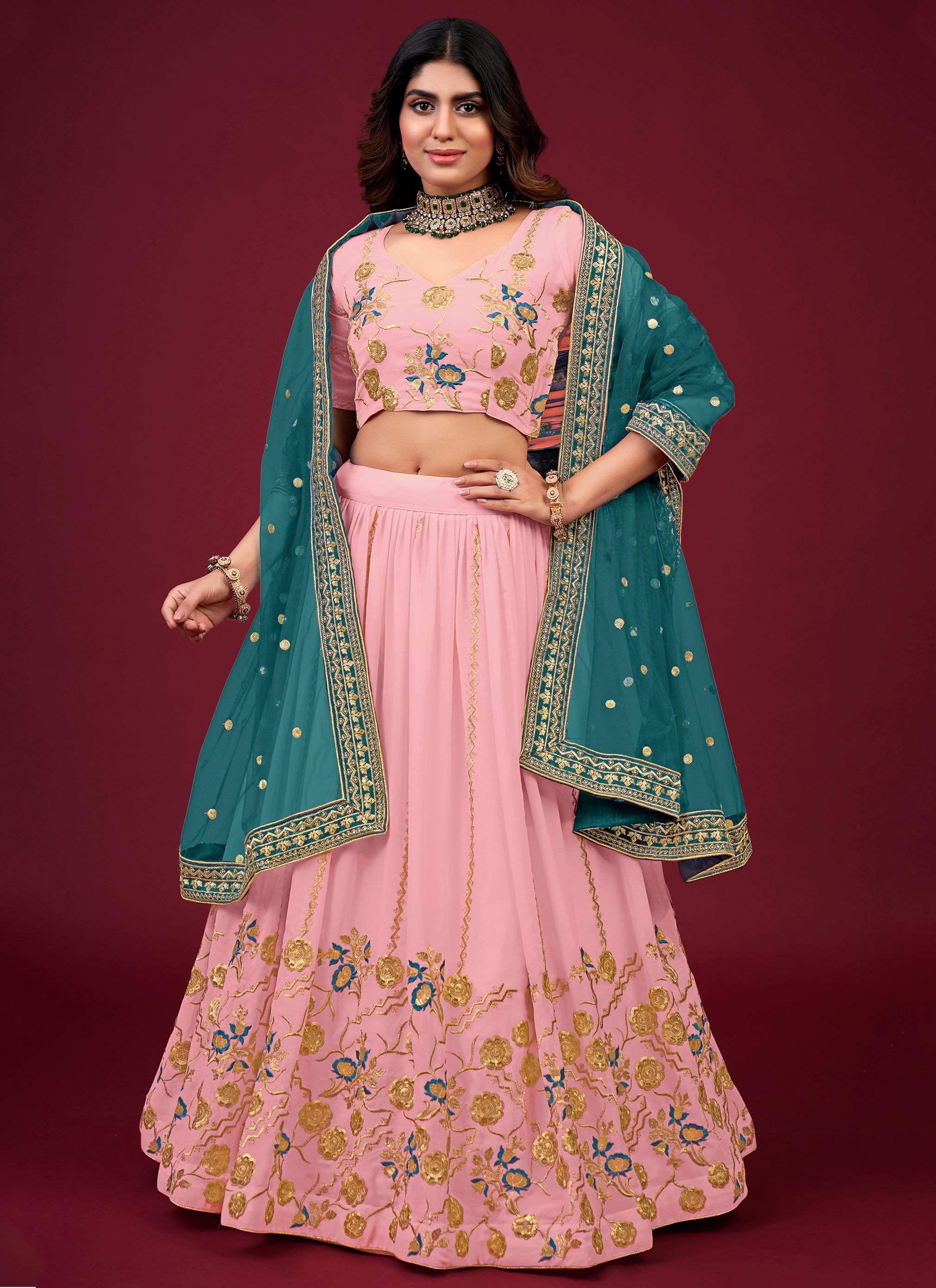 Blue Lehenga Set With Resham Foil Embroidery | The Grand Trunk