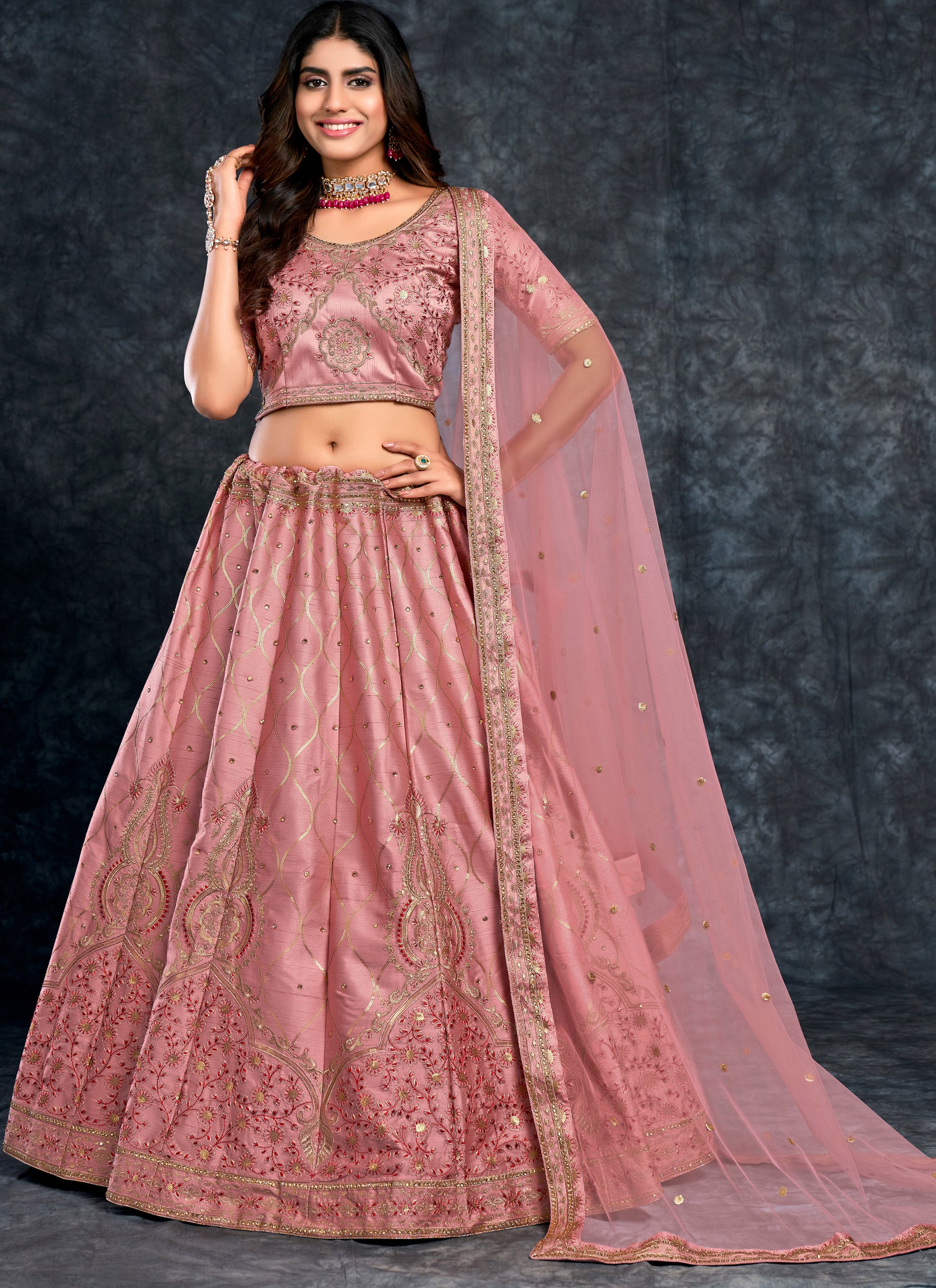Buy Pink Organza Frill Top and Yellow Embroidery Lehenga for Girls Online