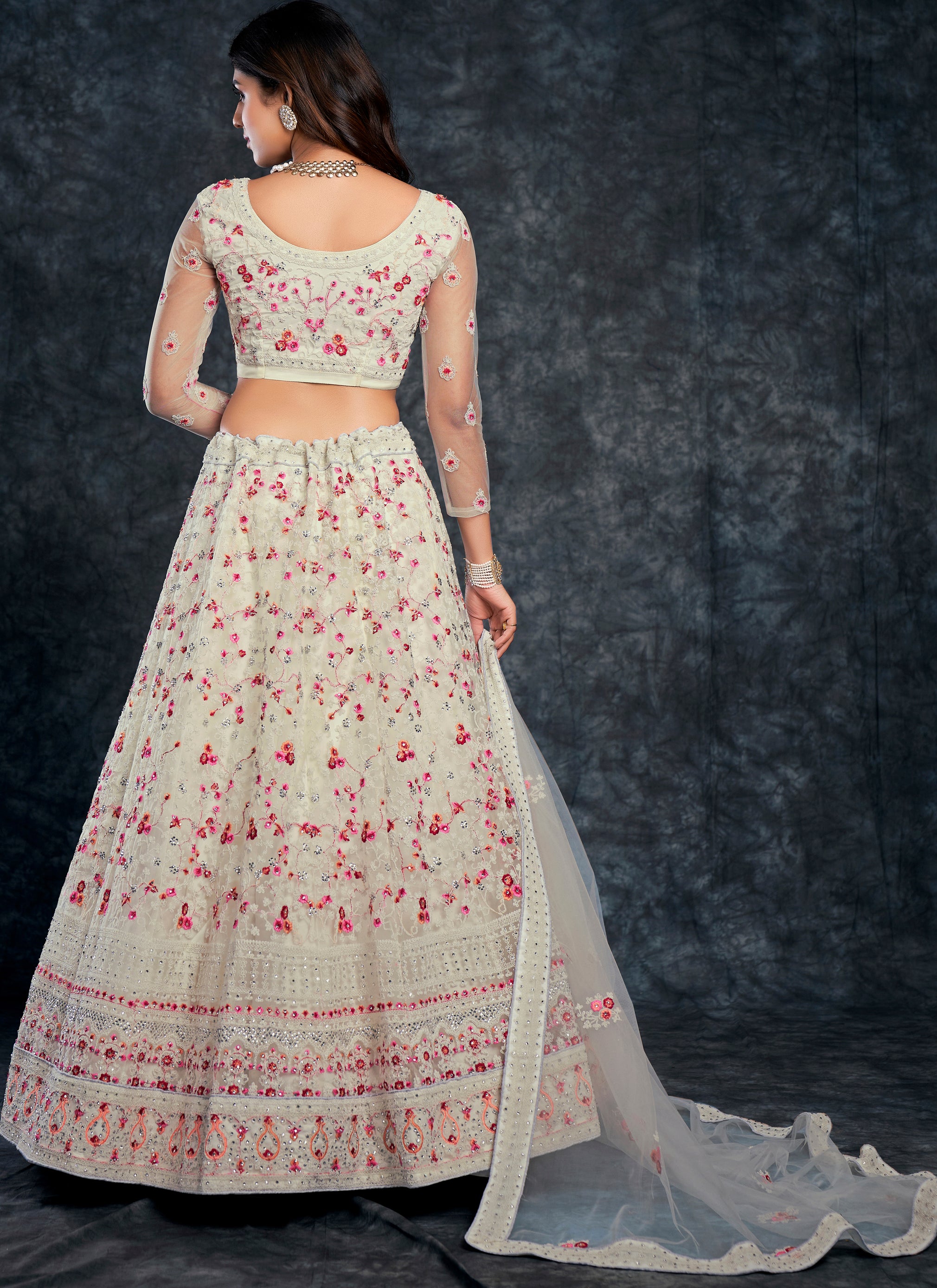 Heavenly Off-White and Pink Colored Designer Bridal Lehenga Choli