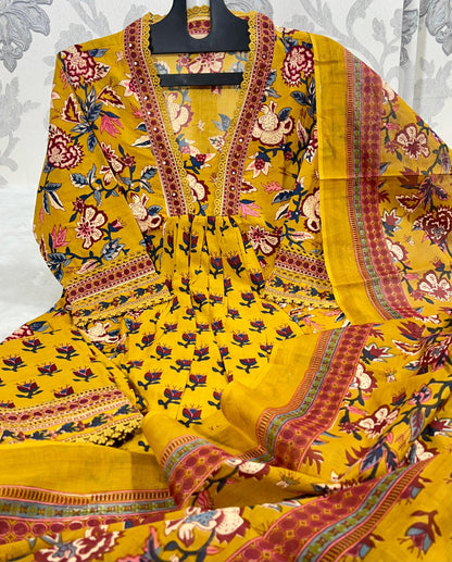 Stylish Heavy Cotton Anarkali Yellow Suit