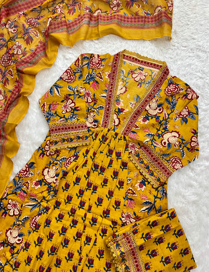 Stylish Heavy Cotton Anarkali Yellow Suit