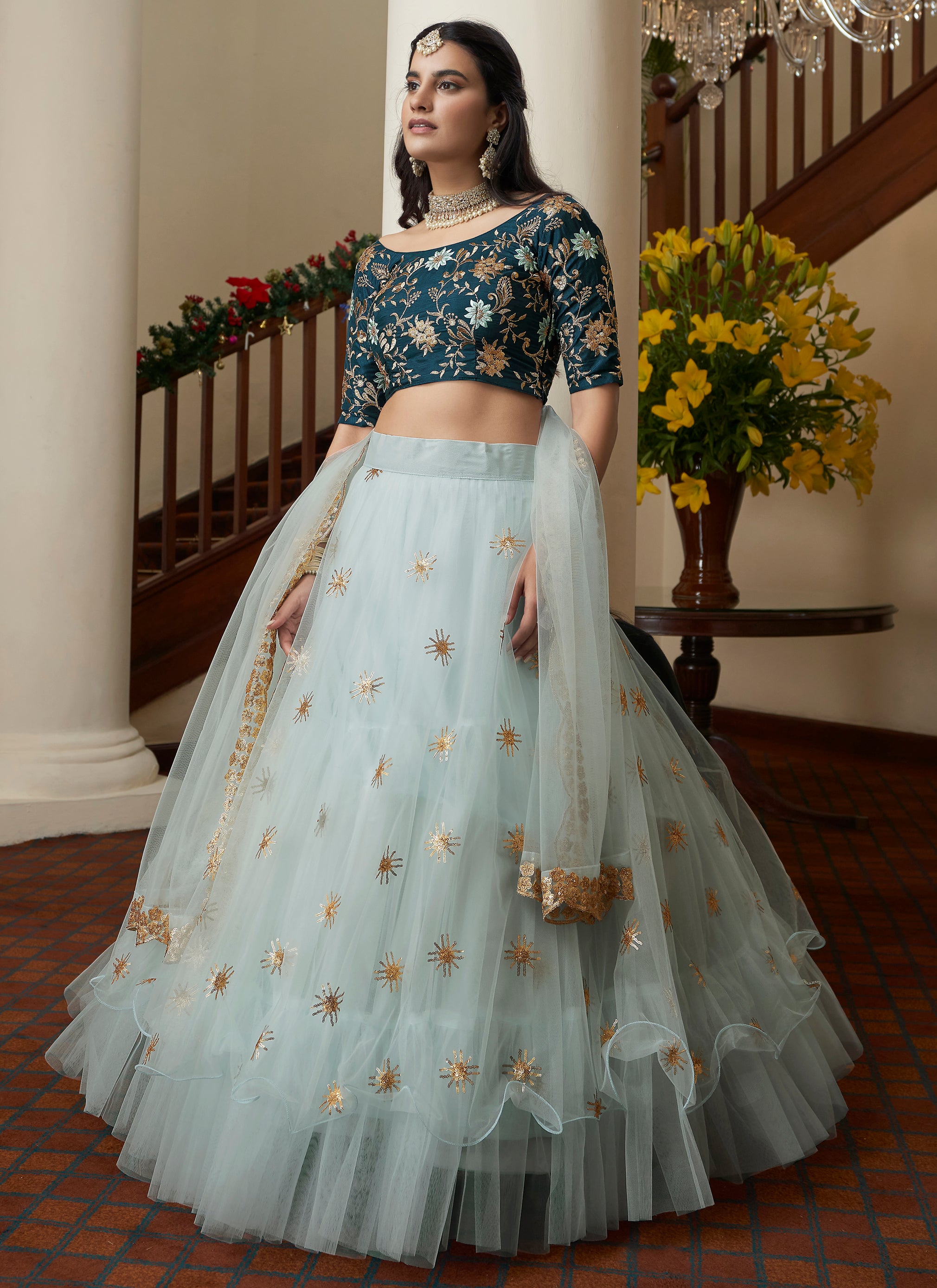 Sky Blue Designer Lehenga Choli for Women Indian Wedding Lahanga Saree,party  Wear Net Lehanga Choli, Trendy Foil Mirror Work Ghagra Choli - Etsy