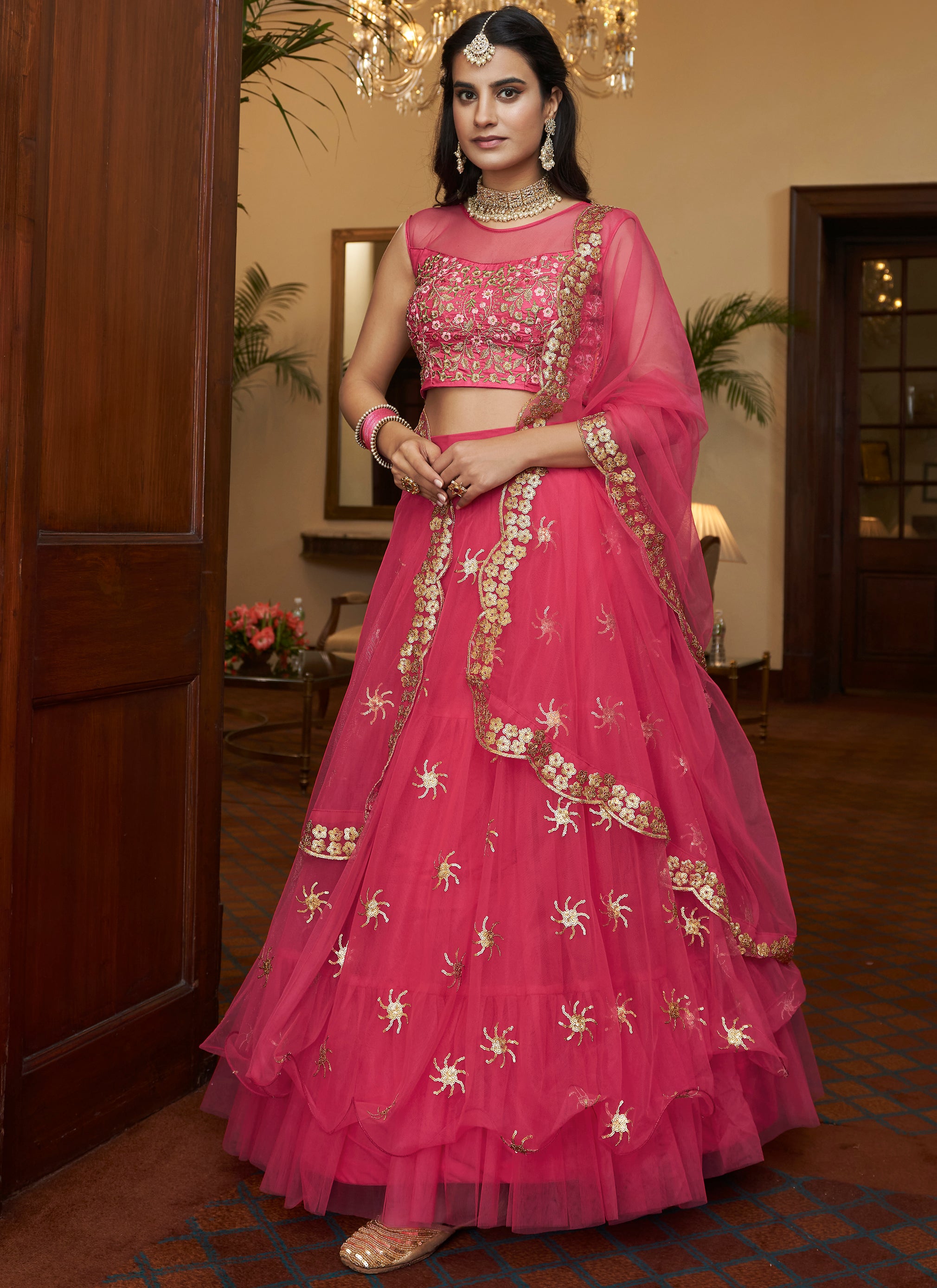 Bright Pink Silk Thread and Sequence Embroidered Lehenga Cho