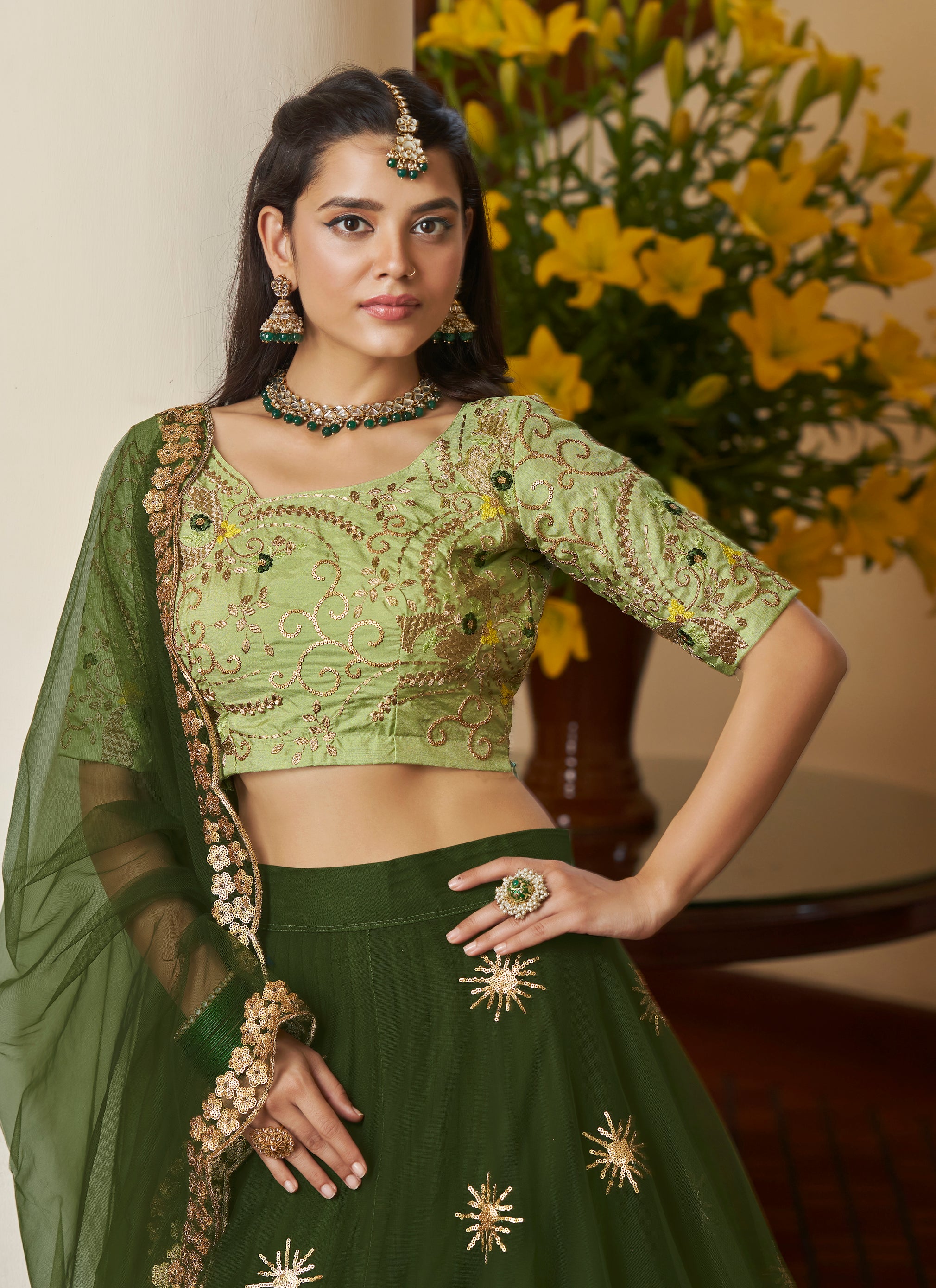 Mehndi Color Wedding Collection Designer Lehenga Choli :: ANOKHI FASHION