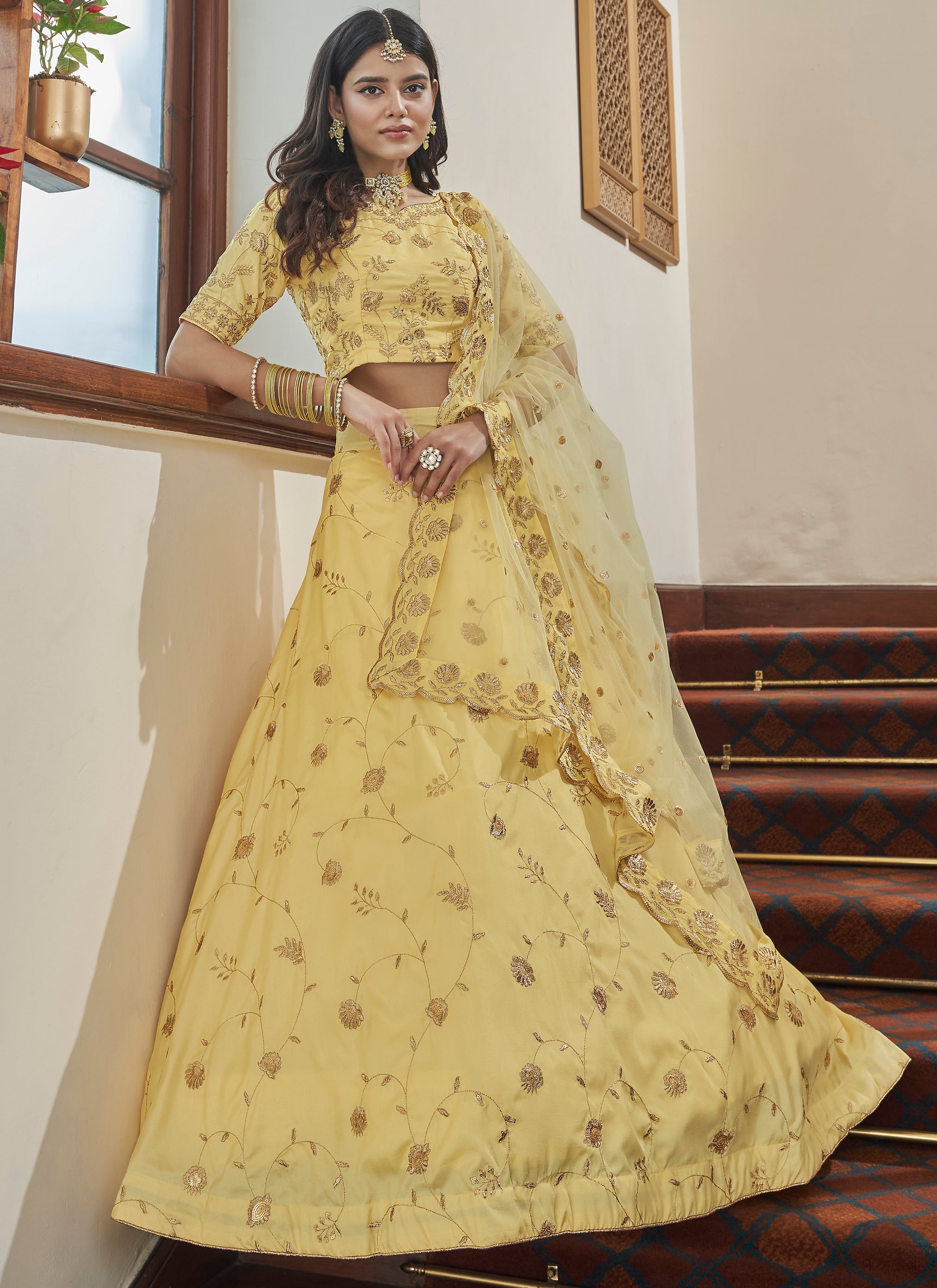 Yellow South Indian Famous Half Saree Lehenga Choli With Blouse and Dupatta  in USA, UK, Malaysia, South Africa, Dubai, Singapore