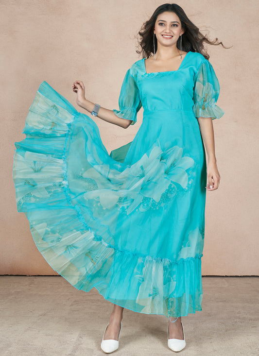 Sky-blue Organza Maxi Dress