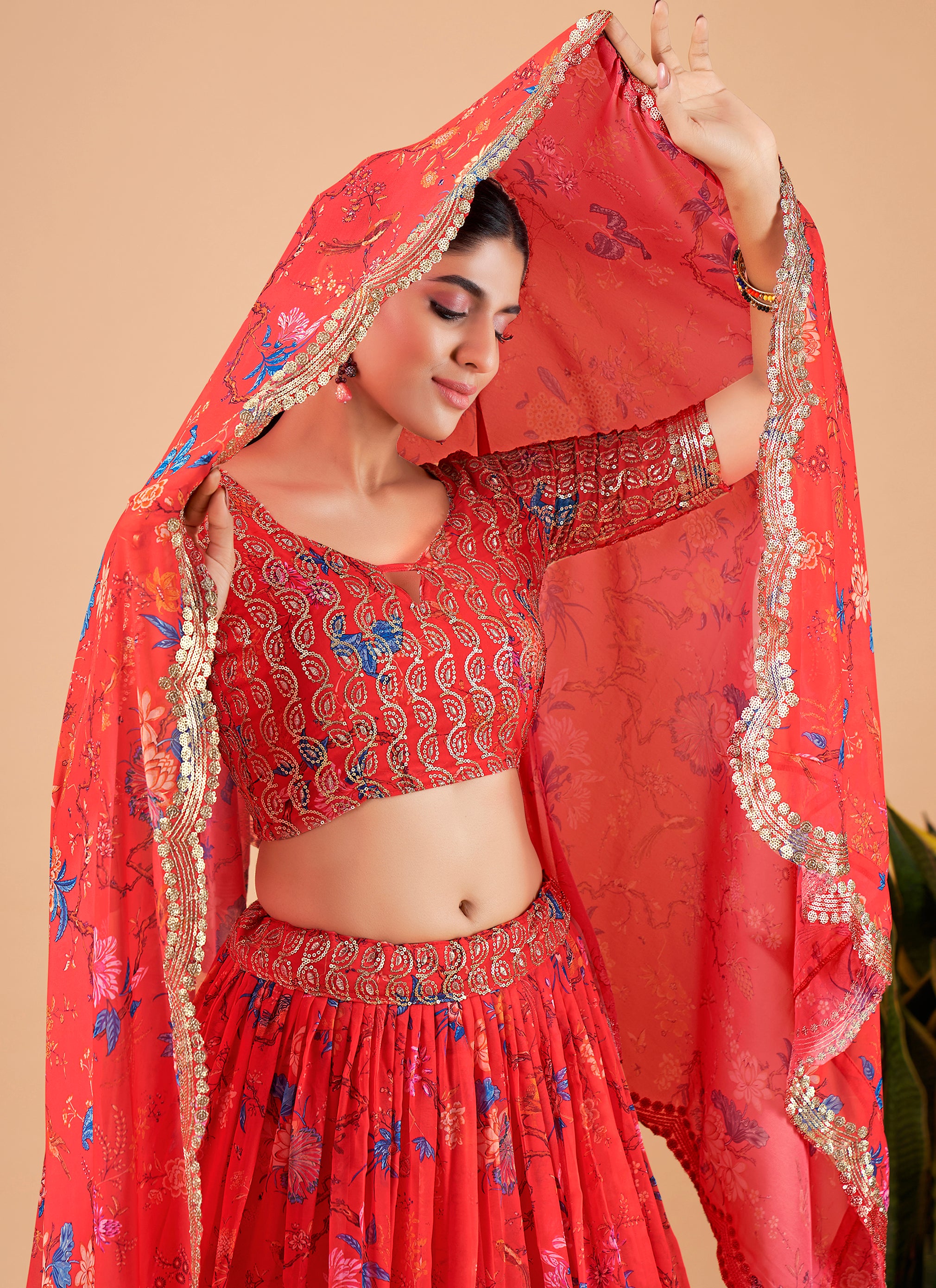 Bright Red Lehenga In Raw Silk Intricately Ornated With Aari-Sequins-Salli  Paisley Motifs All Over and Net Dupatta - Aara Couture