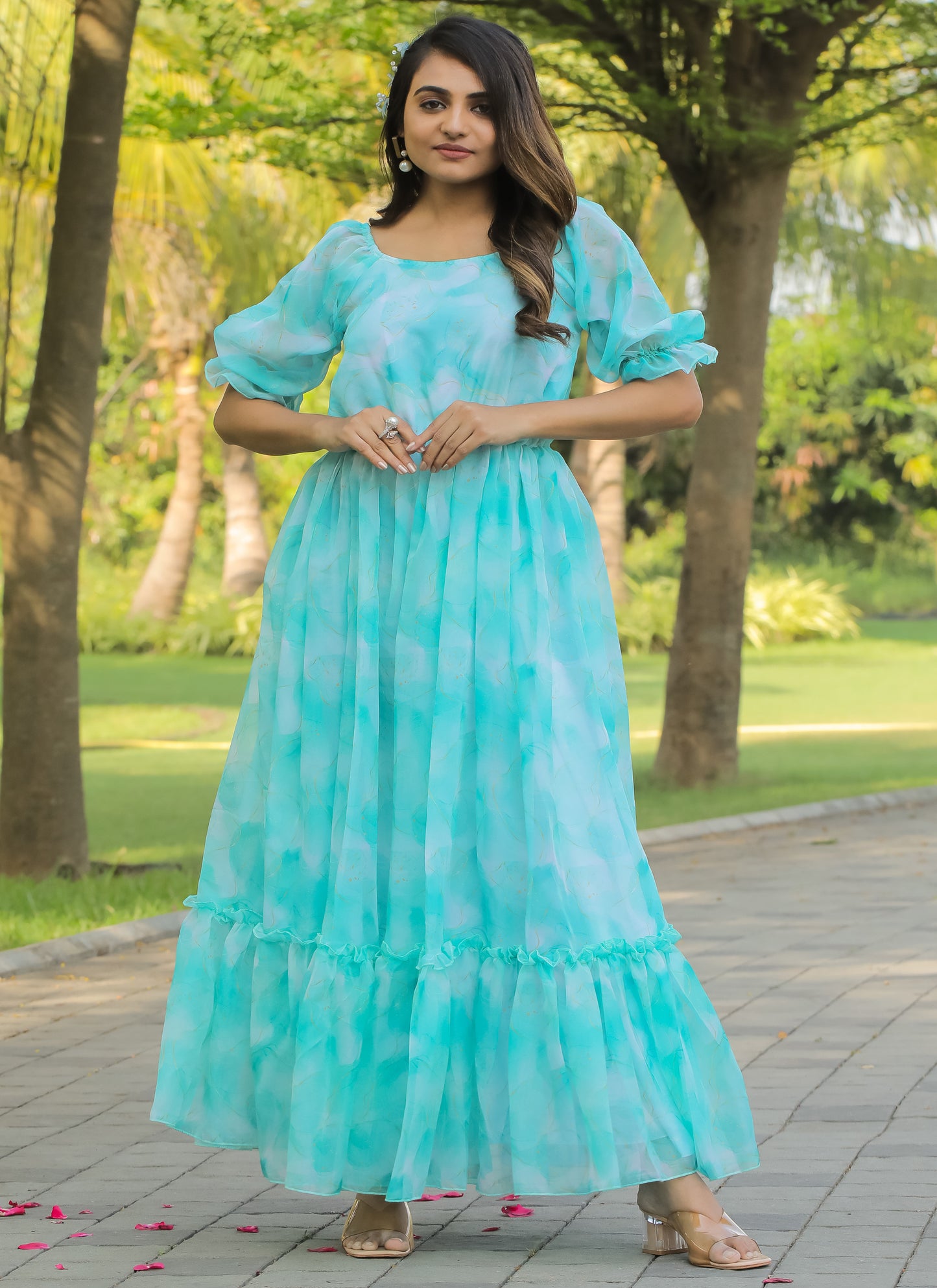 Organza Sky-Blue Long Maxi Dress – Indian Rani