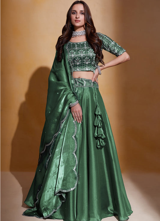 Organza Silk Green Lehenga Choli