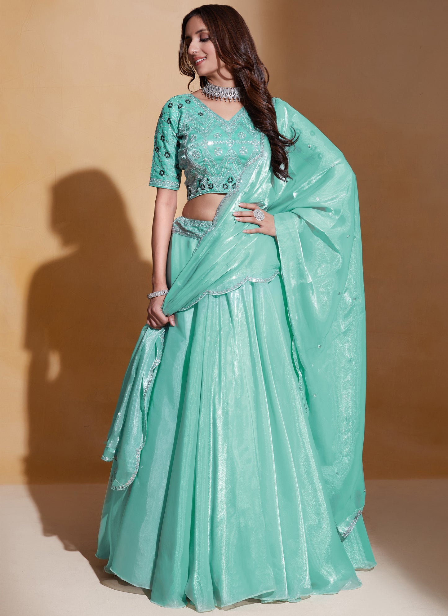 Organza Silk Sea Green Lehenga Choli