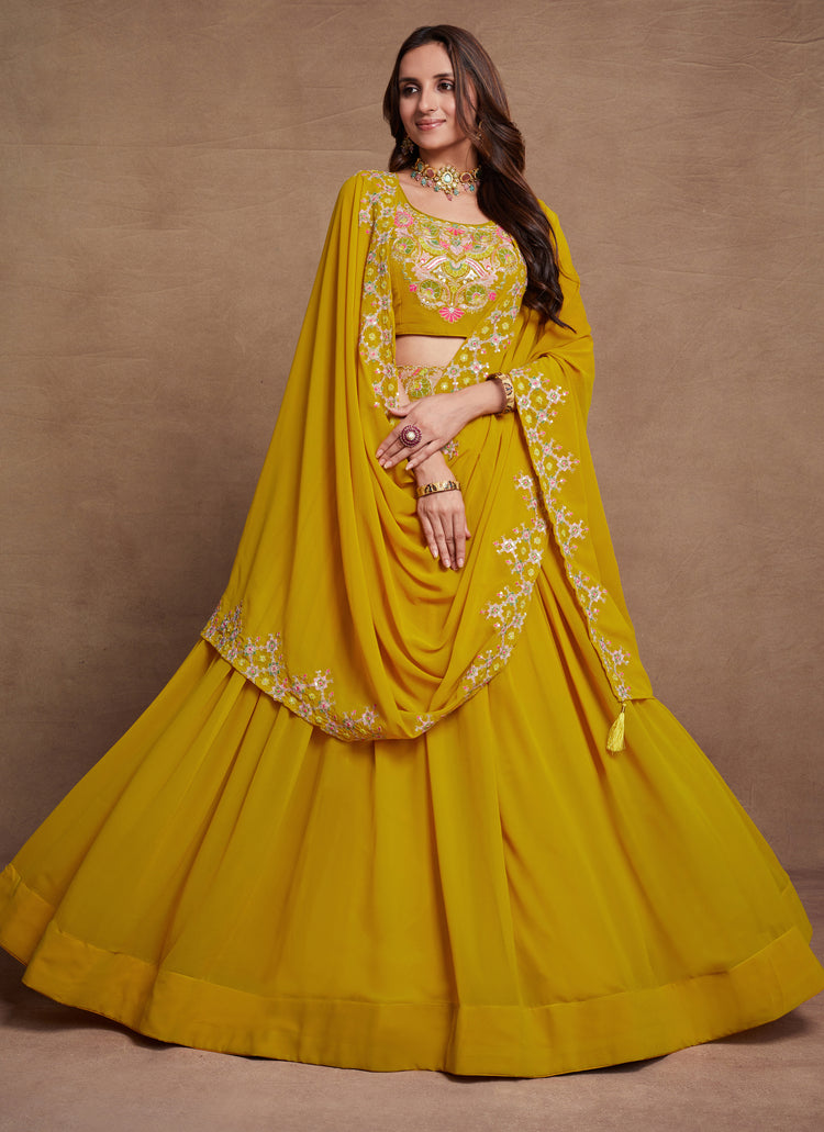 Mustard Yellow Gorgette Lehenga Choli