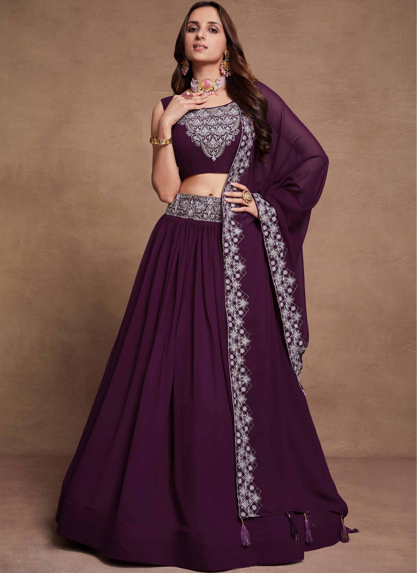 Stylish Purple Gorgette Lehenga Choli