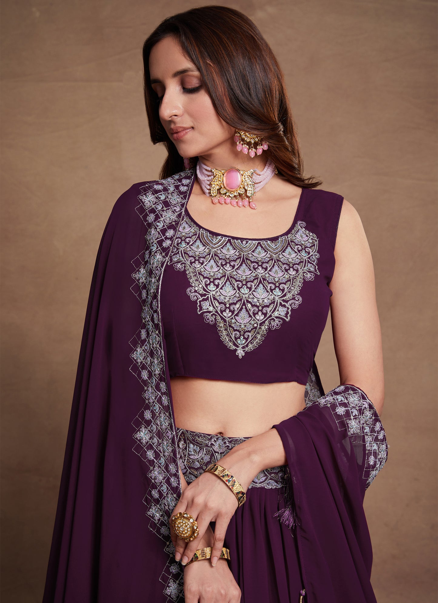 Stylish Purple Gorgette Lehenga Choli