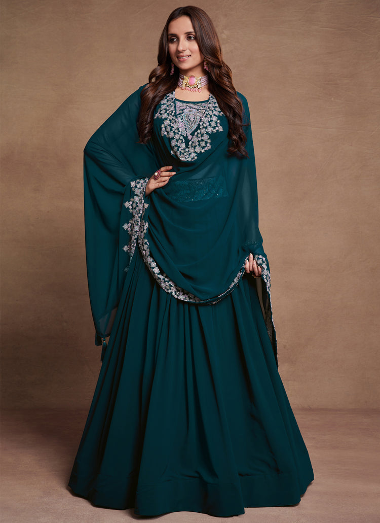 Teal Blue Gorgette Lehenga Choli