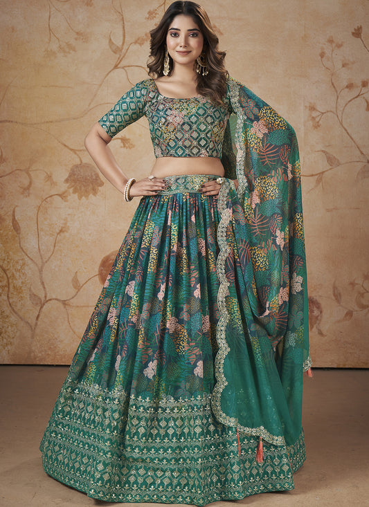 Fancy Printed  Rama Green Lehenga Choli