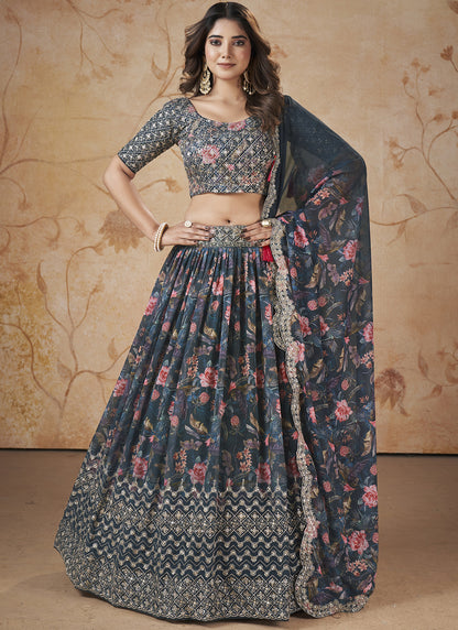 Fancy Printed Blue Lehenga Choli