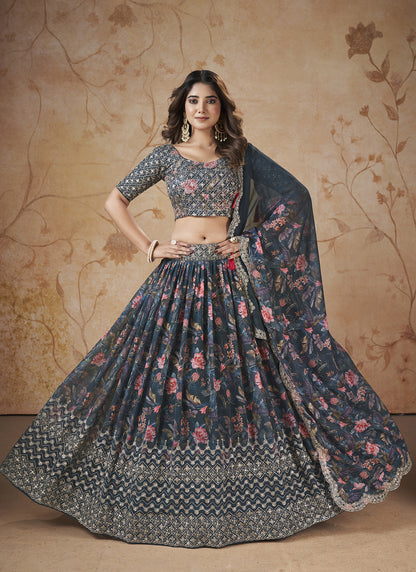 Fancy Printed Blue Lehenga Choli