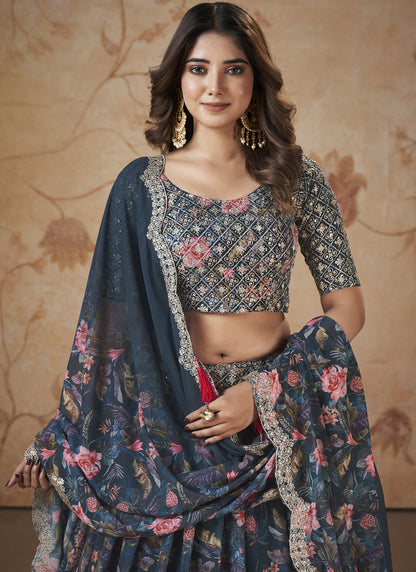 Fancy Printed Blue Lehenga Choli