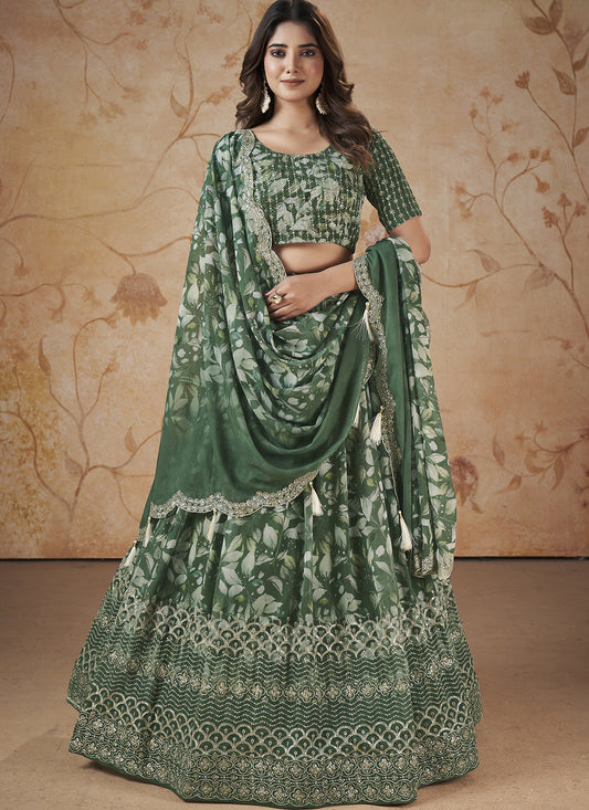 Fancy Printed Mahendi Green Lehenga Choli