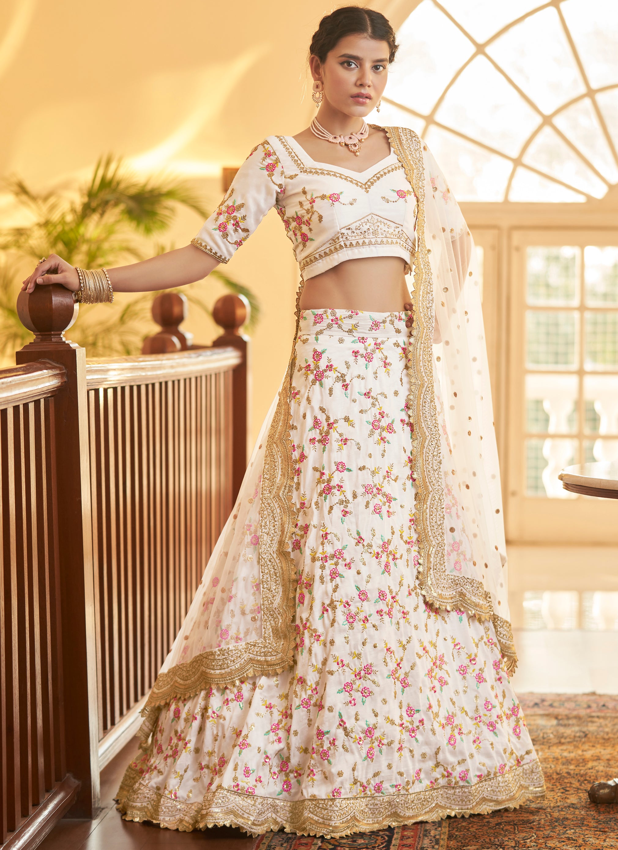 Off White Net Floral Embroidered Designer Lehenga Choli - RCCCC1464...