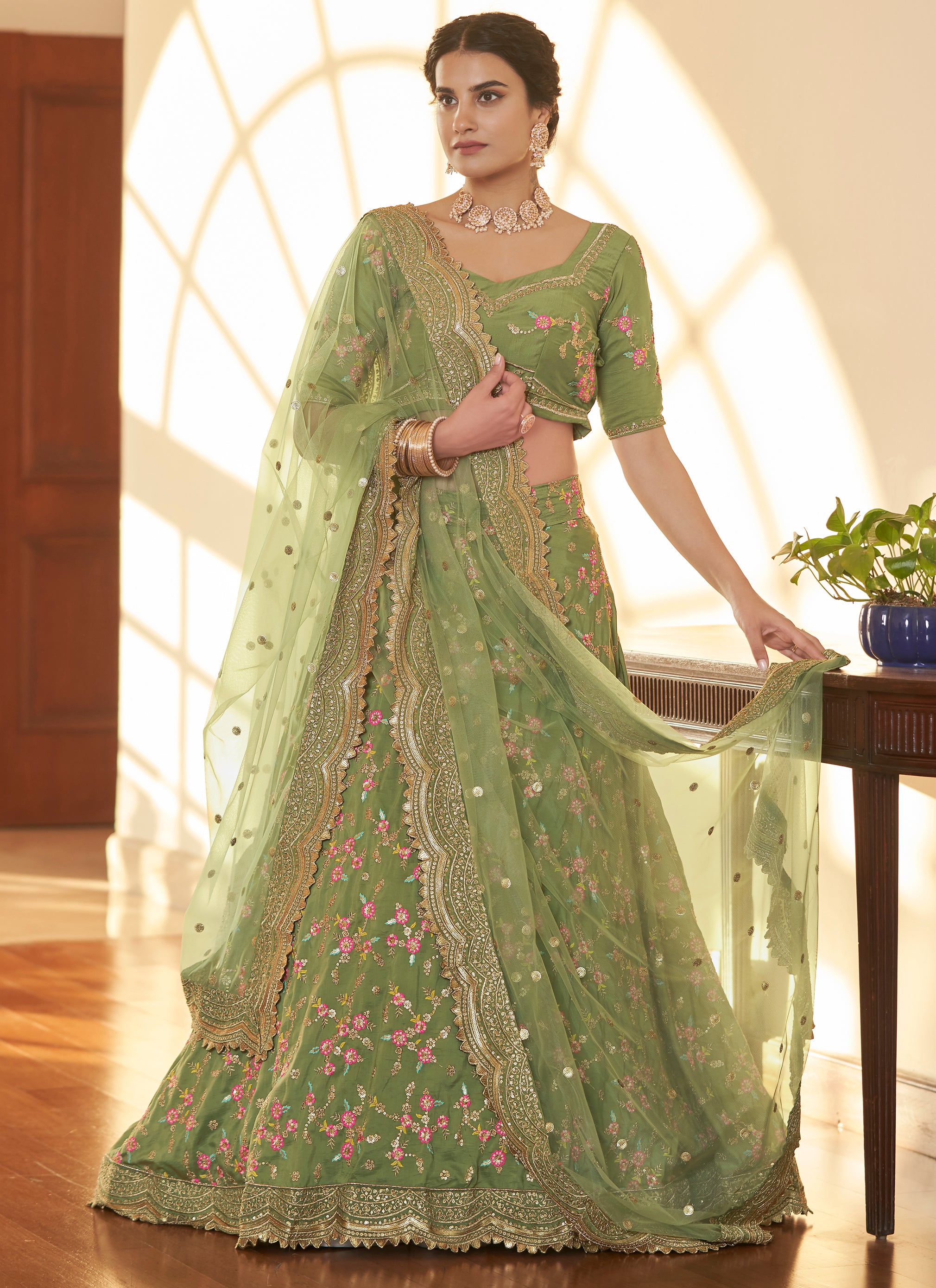 Women's Pista Green Crepe Embroidered Lehenga-Myracouture | Indian outfits, Green  lehenga, Indian fashion dresses