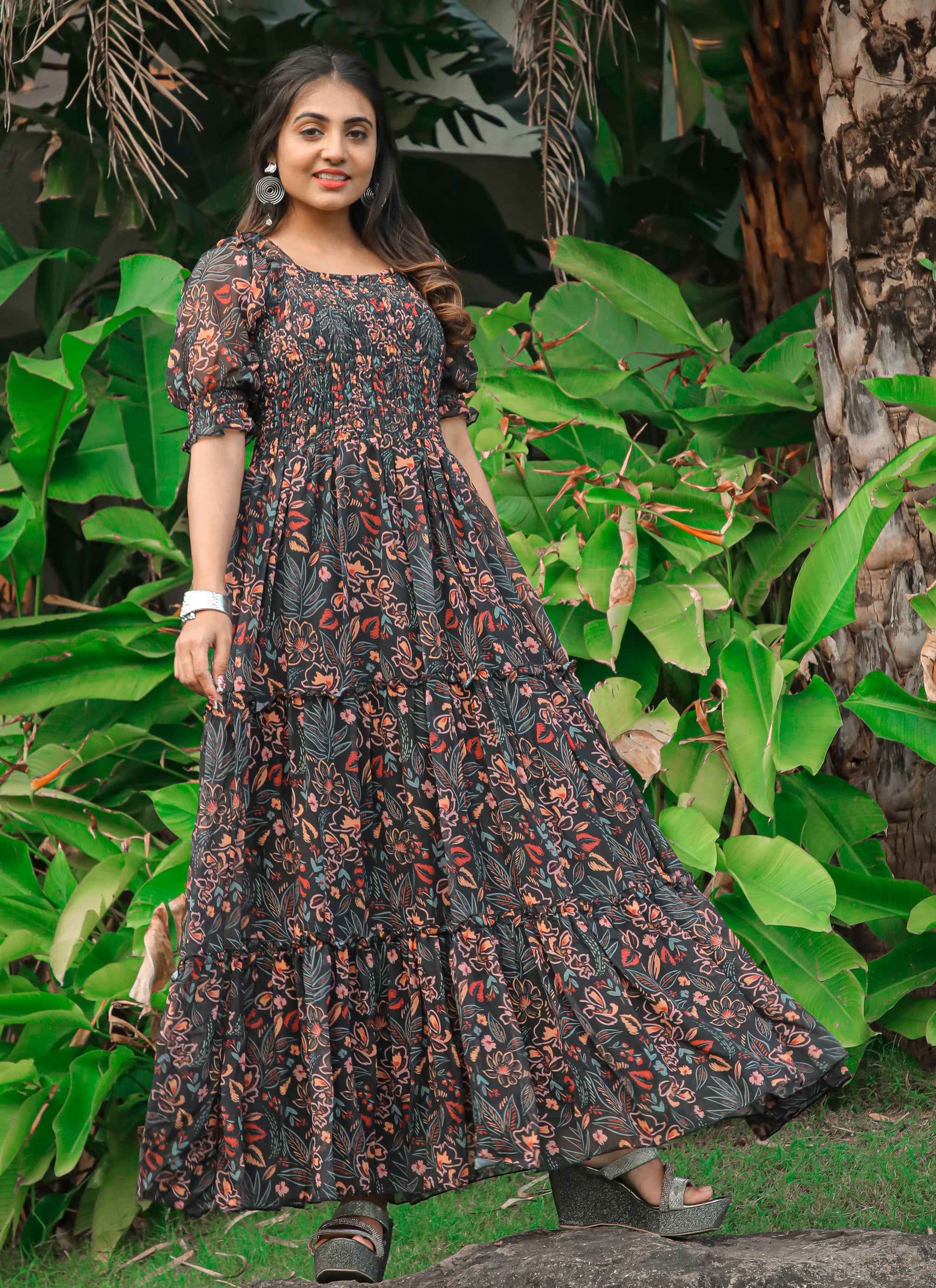 Printed Dark Blue Long Maxi Dress – Indian Rani