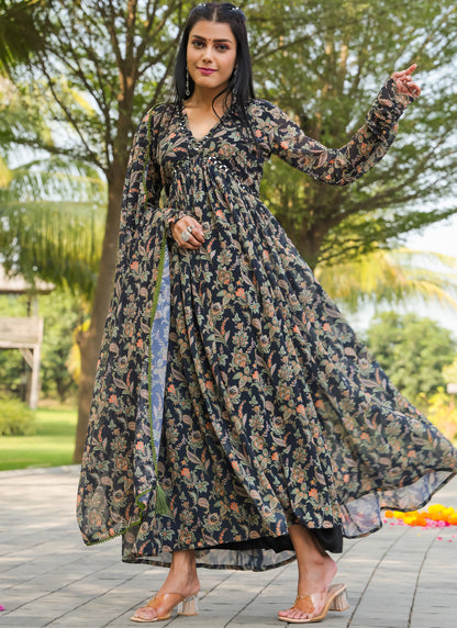 Printed Black Gown With Dupatta