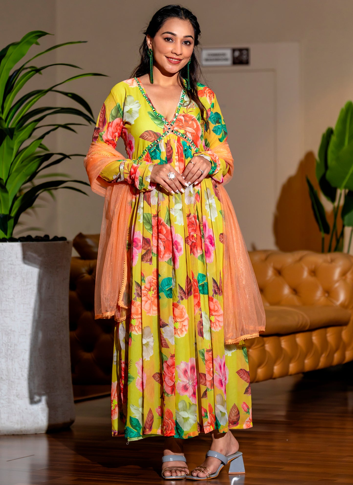 Printed Yellow Gown With Dupatta