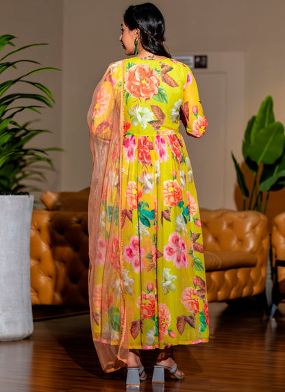 Printed Yellow Gown With Dupatta