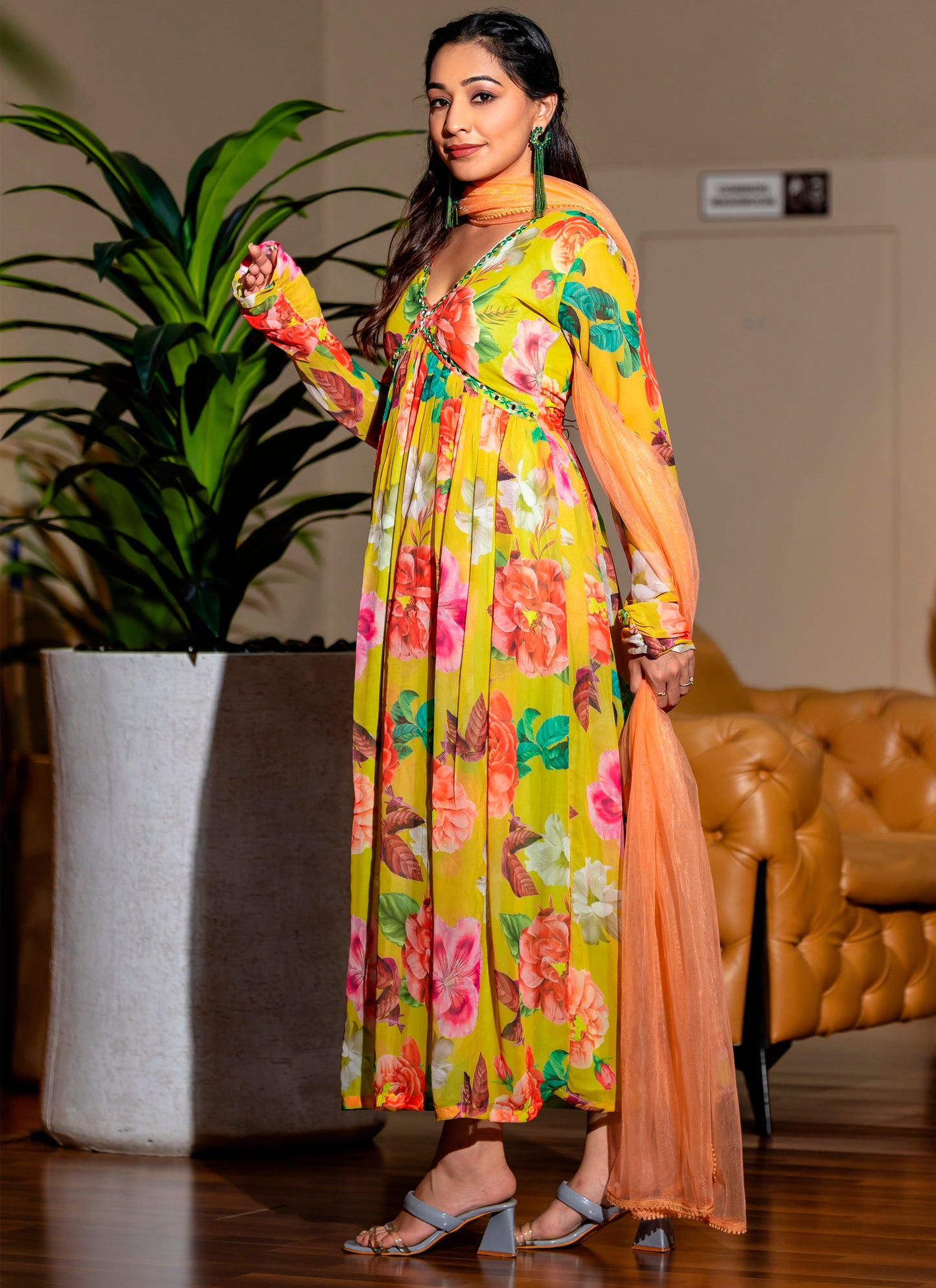 Printed Yellow Gown With Dupatta