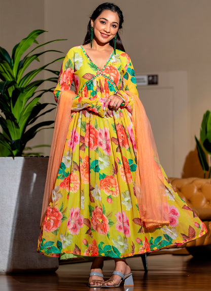 Printed Yellow Gown With Dupatta