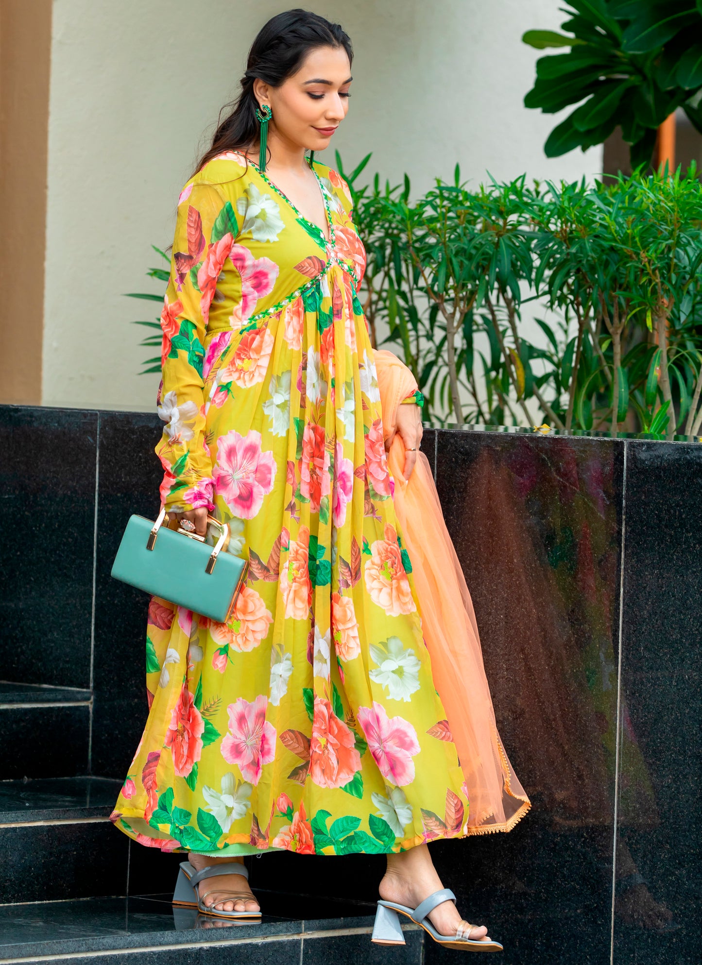 Printed Yellow Gown With Dupatta