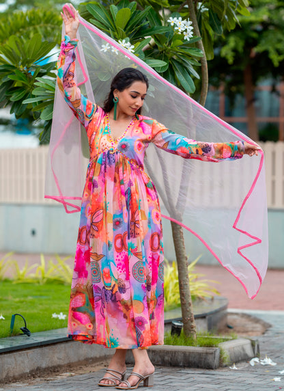 Printed pink Gown With Dupatta